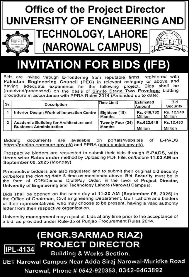 University of Engineering & Technology Lahore Tender Notice